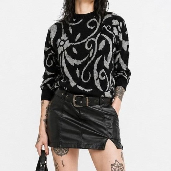 Ellen-D Collection Sweaters - Vintage Metallic Floral Knit Sweater Black Silver Mock Neck Relaxed Fit Womens M